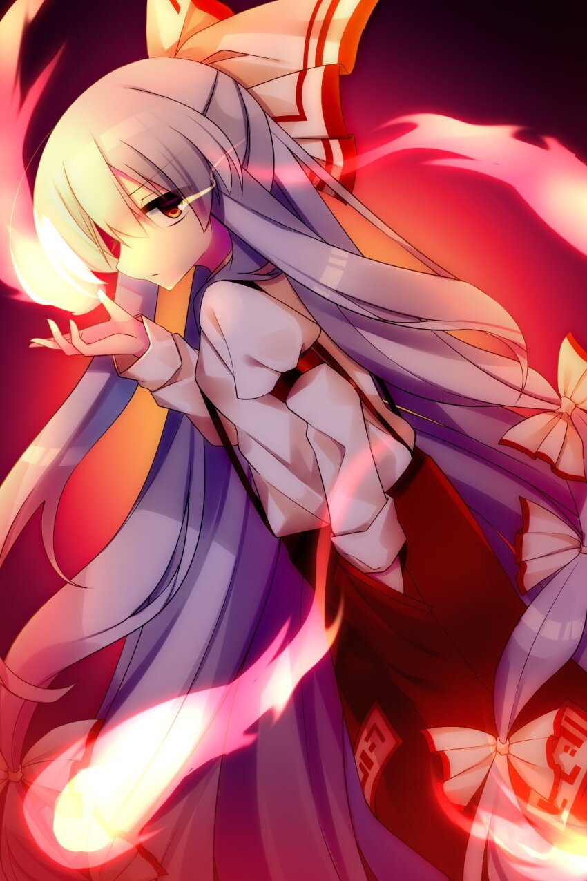 1girl collared_shirt fire fireball fujiwara_no_mokou grey_hair hair_ribbon hand_in_pocket highres kujou_mikuru long_hair long_sleeves looking_at_viewer overalls red_background red_eyes red_overalls ribbon shirt solo touhou very_long_hair white_ribbon white_shirt