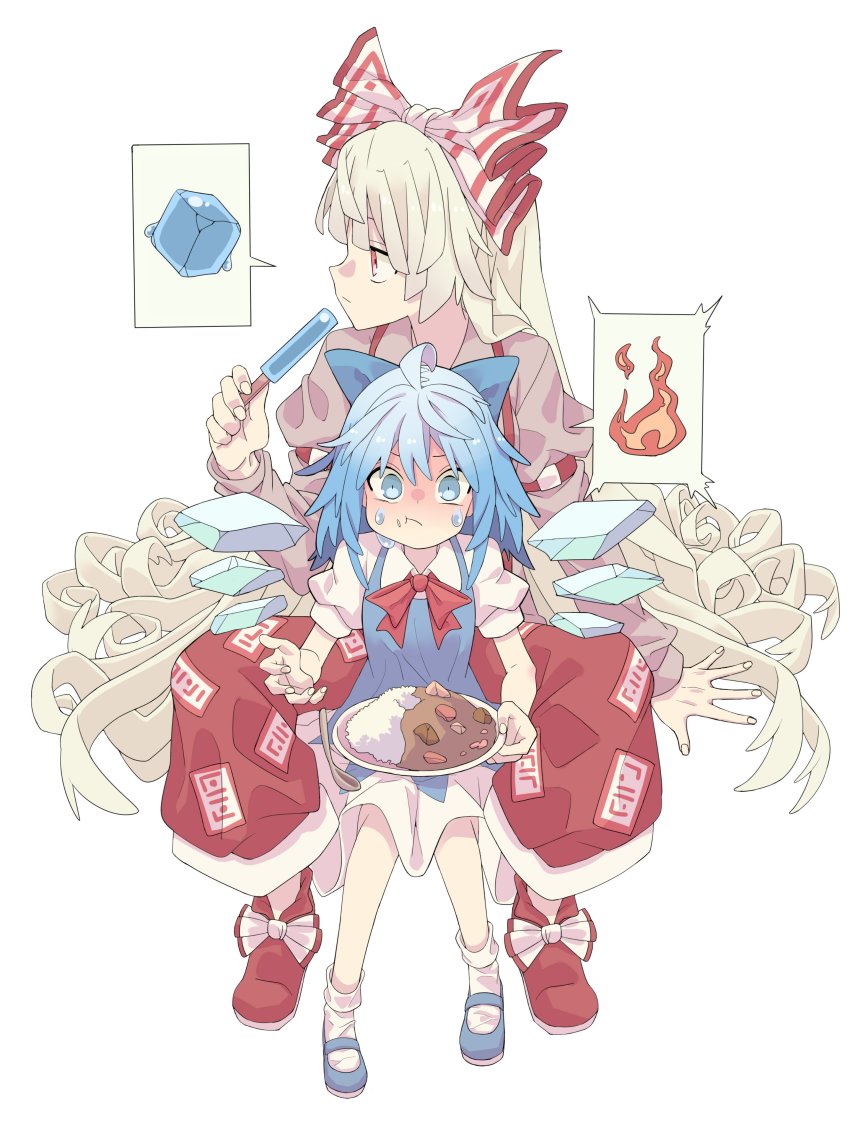 2girls :t absurdres banana_takemura blue_dress blue_eyes blue_hair bow cirno curry curry_rice dress eating fairy_wings fire food footwear_bow fujiwara_no_mokou hair_bow highres holding holding_food ice ice_wings long_hair looking_away mary_janes multiple_girls pants pinafore_dress popsicle puffy_sleeves red_eyes red_footwear ribbon rice shoes silver_hair sitting sitting_on_lap sitting_on_person sleeveless_dress socks speech_bubble spicy suspenders sweat touhou very_long_hair white_background wings