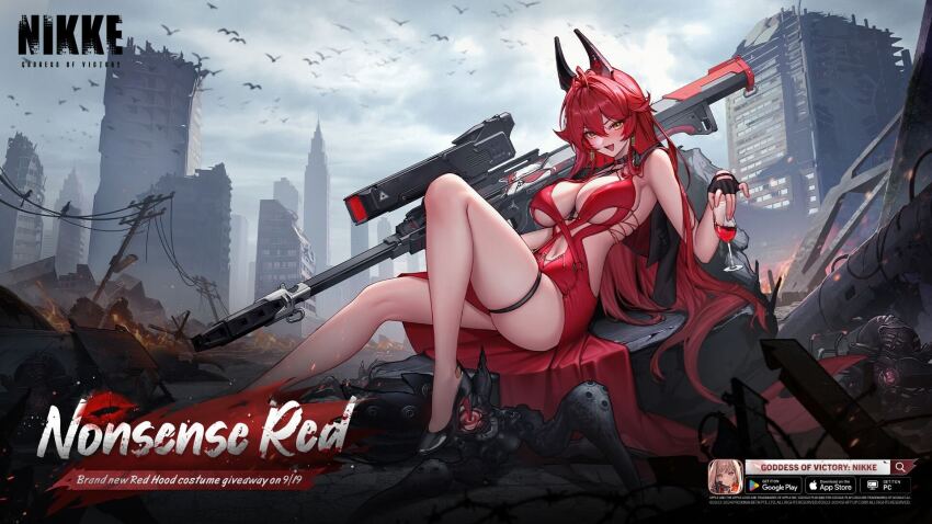 1girl alcohol breasts cleavage cup drinking_glass goddess_of_victory:_nikke gun highres horns large_breasts lipstick_mark long_hair looking_at_viewer mechanical_horns navel official_alternate_costume official_art promotional_art rapture_(nikke) red_eyes red_hair red_hood_(nikke) red_wine rifle sitting smile sniper_rifle solo weapon wine wine_glass