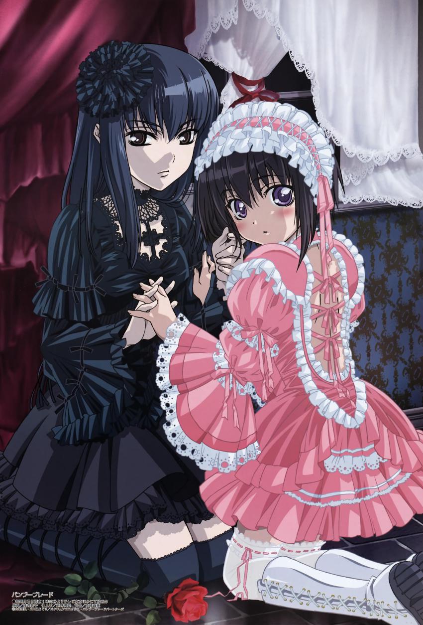 00s 2girls absurdres bamboo_blade black_hair blush dress frills gothic_lolita holding_hands highres kawazoe_tamaki lolita_fashion long_hair megami_magazine multiple_girls non-web_source ribbon short_hair suzuki_rin watanabe_atsuko