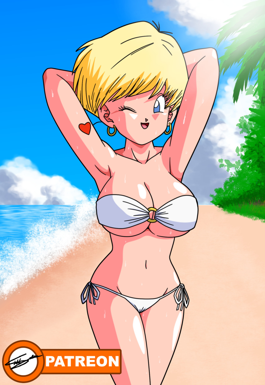 beach bikini blonde_hair breasts dragon_ball dragonball_z erasa_(dragon_ball) highres large_breasts short_hair swimsuit teejeedbart