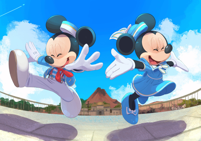 1boy 1girl animal_ears bow disney dress gamorangetana gloves high_heels highres looking_at_viewer mickey_mouse minnie_mouse mouse_ears mouse_girl pants shirt shoes smile white_gloves