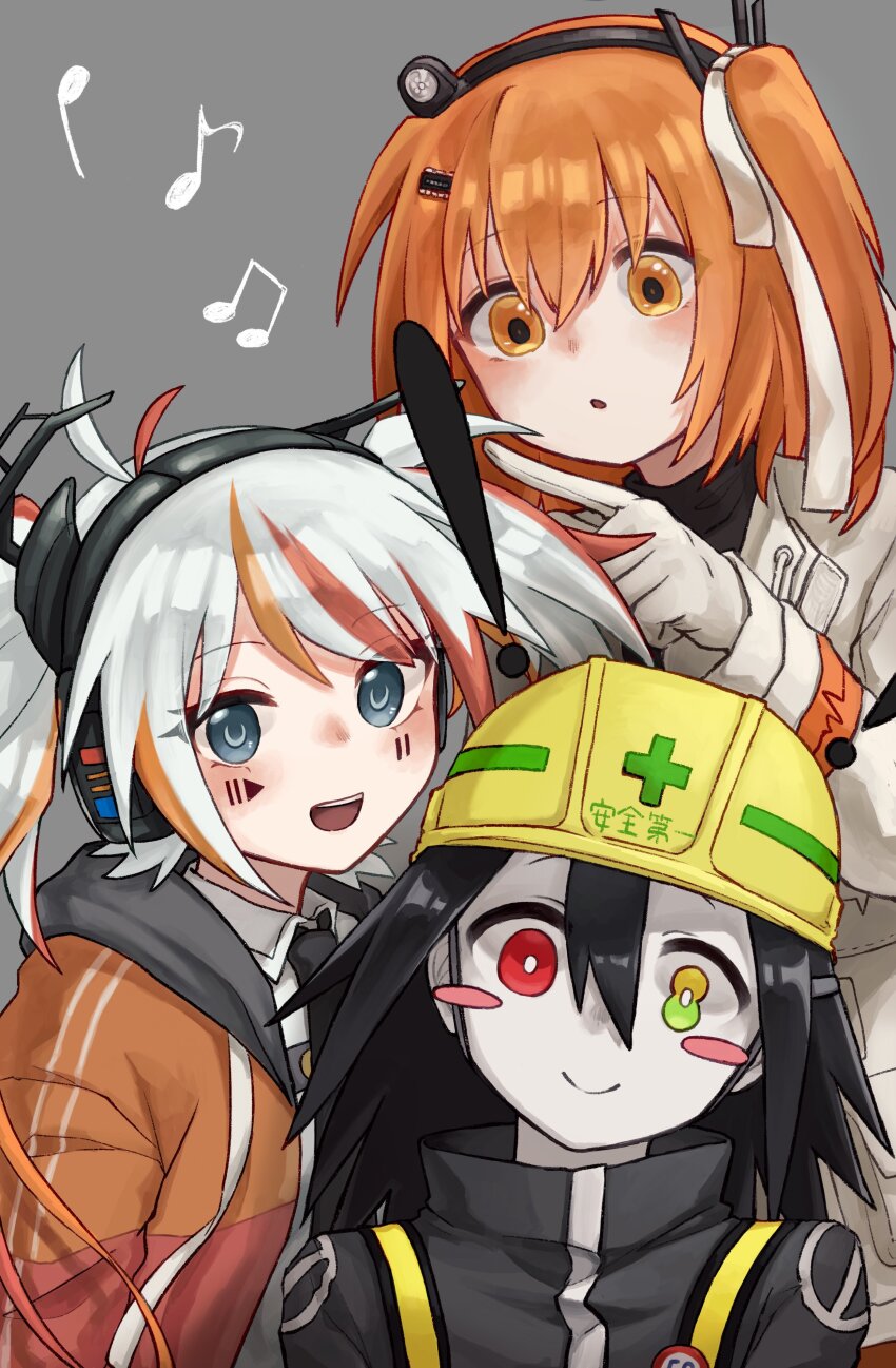 1other 2girls absurdres adachi_rei black_hair blue_eyes blush denka_shaa headlamp highres michishirube_kiro multiple_girls musical_note orange_eyes orange_hair utau white_hair