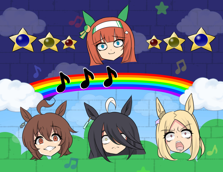 4girls agnes_tachyon_(umamusume) ahoge animal_ears black_hair blonde_hair blue_eyes brown_hair chemical_structure ear_covers earrings hair_between_eyes hair_ornament hairband hairclip head_only highres horse_ears horse_girl jewelry long_hair looking_at_viewer manhattan_cafe_(umamusume) mario_(series) mario_party mario_party_2 multiple_girls narita_top_road_(umamusume) nintendo open_mouth orange_hair parody parted_bangs red_eyes shimosazami short_hair silence_suzuka_(umamusume) single_earring umamusume umamusume:_beginning_of_a_new_era umamusume:_road_to_the_top white_hair white_hairband yellow_eyes