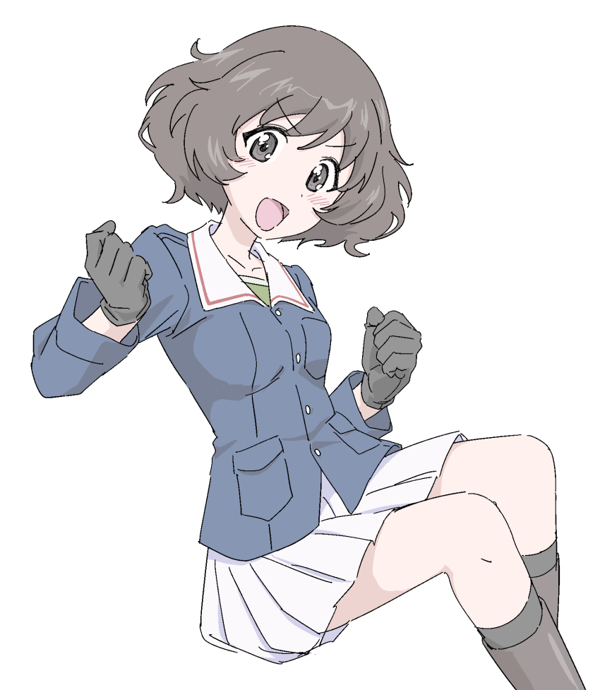 1girl akiyama_yukari black_footwear black_gloves black_socks blue_jacket boots brown_eyes brown_hair clenched_hands commentary floating girls_und_panzer gloves green_undershirt highres jacket long_sleeves looking_at_viewer messy_hair military_uniform miniskirt ooarai_military_uniform open_mouth pleated_skirt short_hair skirt smile socks solo undershirt white_skirt xu1_teng2