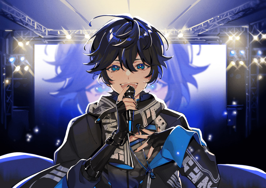 1boy arm_out_of_sleeve axia_krone axia_krone_(1st_costume) black_gloves black_hair black_jacket black_nails black_scarf blue_eyes commentary concert elbow_gloves gloves hand_on_own_chest highres holding holding_microphone jacket kino_(kino_cono) long_sleeves male_focus microphone music nail_polish nijisanji scaffolding scarf screen singing solo sparkle stage_lights sweat symbol-only_commentary upper_body virtual_youtuber