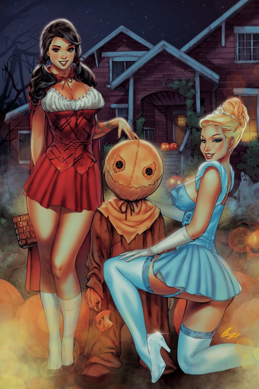 1boy 2girls black_hair blonde_hair blue_dress breasts cape dress elias_chatzoudis halloween halloween_costume high_heels highres house jack-o&#039;-lantern large_breasts long_hair looking_at_viewer multiple_girls night notti notti_&amp;_nyce nyce on_one_knee outdoors parted_lips red_cape red_dress red_lips signature socks thighhighs twintails updo white_footwear white_socks white_thighhighs