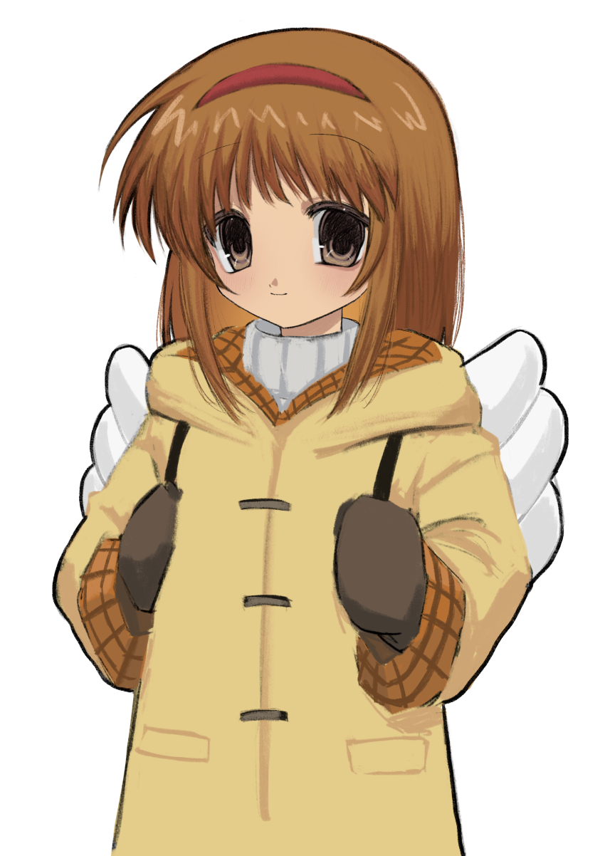 1girl 2000s_(style) absurdres angel_wings backpack bag brown_eyes brown_hair coat fake_wings hairband highres kanon looking_at_viewer mittens nemu_(zutto_oyasu3) red_hairband short_hair simple_background smile solo tsukimiya_ayu turtleneck upper_body white_background winged_bag wings yellow_coat