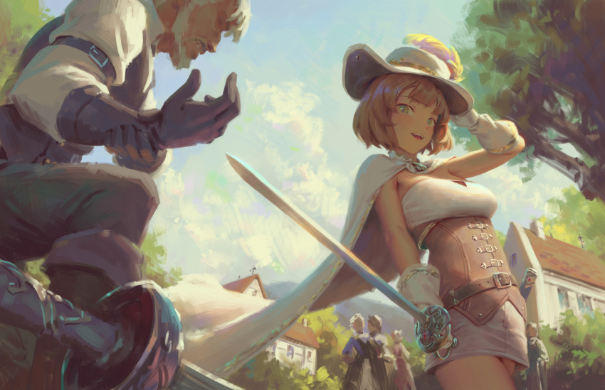 1boy 1girl 4others beard bigrbear black_gloves blue_sky breasts brown_hair cape cloud corset day facial_hair gloves green_eyes hat highres holding holding_sword holding_weapon house medium_breasts multiple_others original outdoors short_hair sky standing sword tree weapon white_cape white_gloves white_hair white_hat