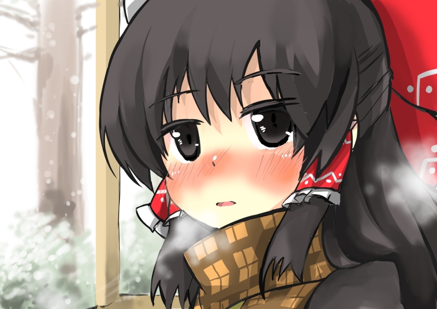 1girl black_eyes black_hair blush bow breath cold gaoo_(frpjx283) hair_bow hair_tubes hakurei_reimu half_updo long_hair nose_blush scarf snowing touhou winter