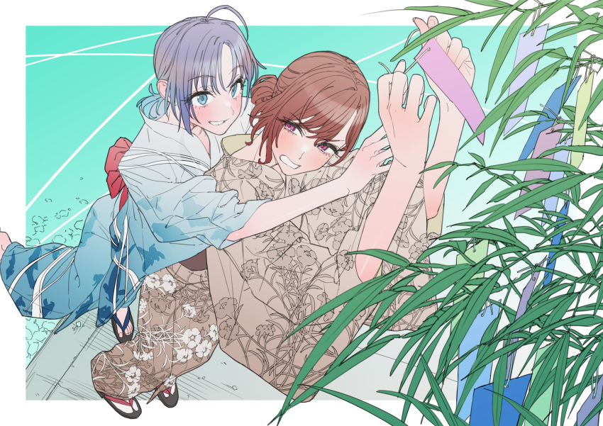 2girls ahoge aqua_kimono asakura_toru bamboo blush brown_hair brown_kimono commentary floral_print grin hair_bun highres higuchi_madoka holding holding_tanzaku idolmaster idolmaster_shiny_colors japanese_clothes kimono leaf looking_at_another looking_at_object multiple_girls naga-agan obi purple_hair sandals sash single_side_bun smile symbol-only_commentary tanzaku yukata zouri