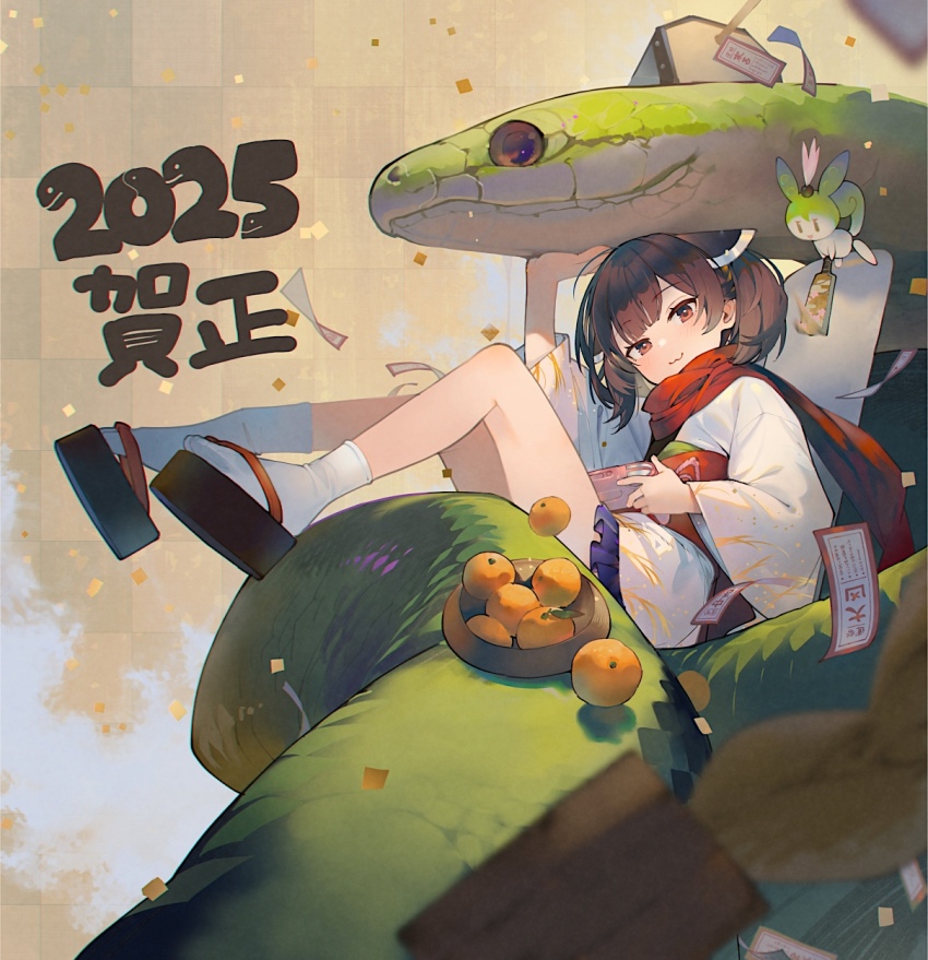 1girl 2025 :3 animal brown_eyes brown_hair chinese_zodiac commentary_request creature food fruit giant_snake green_snake hagoita headgear highres looking_at_viewer new_year okobo omikuji orange_(fruit) oversized_animal paddle red_scarf sandals scarf shirinda_fureiru snake socks solo tabi touhoku_kiritan voiceroid white_socks year_of_the_snake zundamon