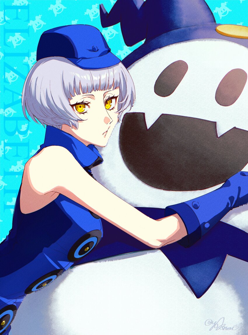 1girl :t absurdres armpit_crease bare_shoulders blue_dress blue_gloves blue_hat blunt_bangs character_name closed_mouth commentary_request dress elizabeth_(persona) eyelashes gloves grey_hair hat highres holding holding_stuffed_toy hug hugging_object jack_frost_(megami_tensei) looking_at_viewer mini_hat persona persona_3 short_hair signature sleeveless sleeveless_dress stuffed_toy upper_body yellow_eyes yokaroni