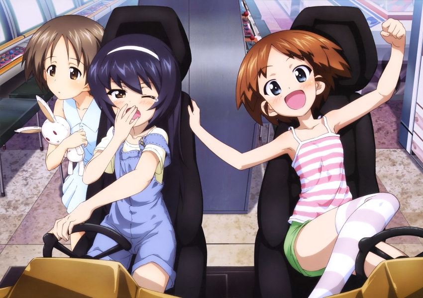 10s 3girls :d absurdres blue_eyes blue_hair brown_hair collarbone covering_own_mouth girls_und_panzer hairband hand_over_own_mouth head_tilt highres holding holding_stuffed_toy indoors long_hair looking_at_viewer maruyama_saki multiple_girls off_shoulder official_art one_eye_closed open_mouth outstretched_arms overalls reizei_mako sakaguchi_karina shirt short_hair short_shorts short_sleeves shorts sitting sleeveless sleeveless_shirt smile standing striped_clothes striped_legwear striped_shirt striped_thighhighs stuffed_animal stuffed_toy tears thighhighs white_hairband white_shirt yawning yoshida_nobuyoshi zettai_ryouiki