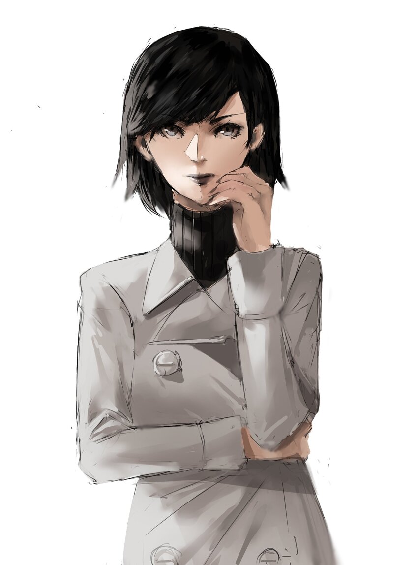 1girl black_hair black_lips coat grey_eyes hand_on_own_cheek hand_on_own_face highres jacket looking_at_viewer shin_megami_tensei shin_megami_tensei_iii:_nocturne short_hair sinkoart solo sweater takao_yuko turtleneck turtleneck_sweater white_background white_coat white_jacket