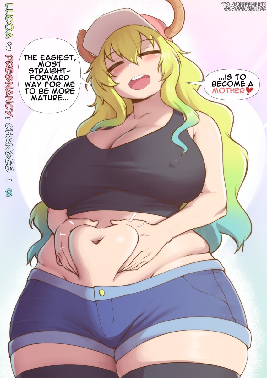 1girl blonde_hair blue_hair blush breasts cleavage closed_eyes coffeeslice covered_erect_nipples curvy female_focus hat highres horns kobayashi-san_chi_no_maidragon large_breasts long_hair lucoa_(maidragon) midriff multicolored_hair navel plump short_shorts shorts skindentation solo speech_bubble thick_thighs thighhighs thighs two-tone_hair wide_hips