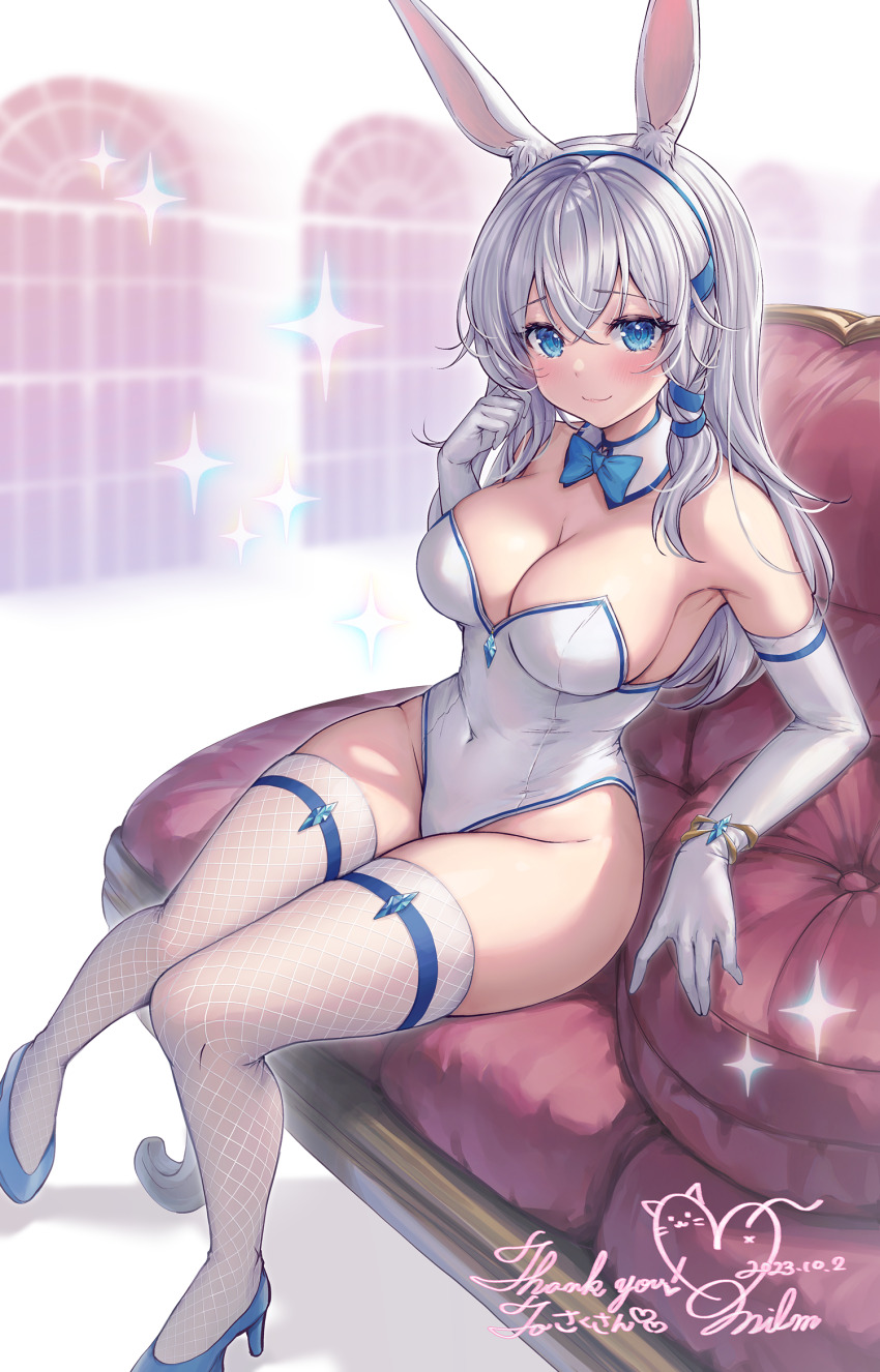 1girl :3 animal_ears armpits bare_shoulders blue_eyes blue_footwear bow bowtie breasts cleavage closed_mouth commission couch covered_navel detached_collar elbow_gloves fake_animal_ears fishnet_thighhighs fishnets gloves hairband hand_up high_heels highleg highleg_leotard highres large_breasts leotard long_hair looking_at_viewer mirukurim on_couch original playboy_bunny rabbit_ears sitting skeb_commission smile solo strapless strapless_leotard thighhighs thighs white_gloves white_hair white_hairband white_leotard white_thighhighs