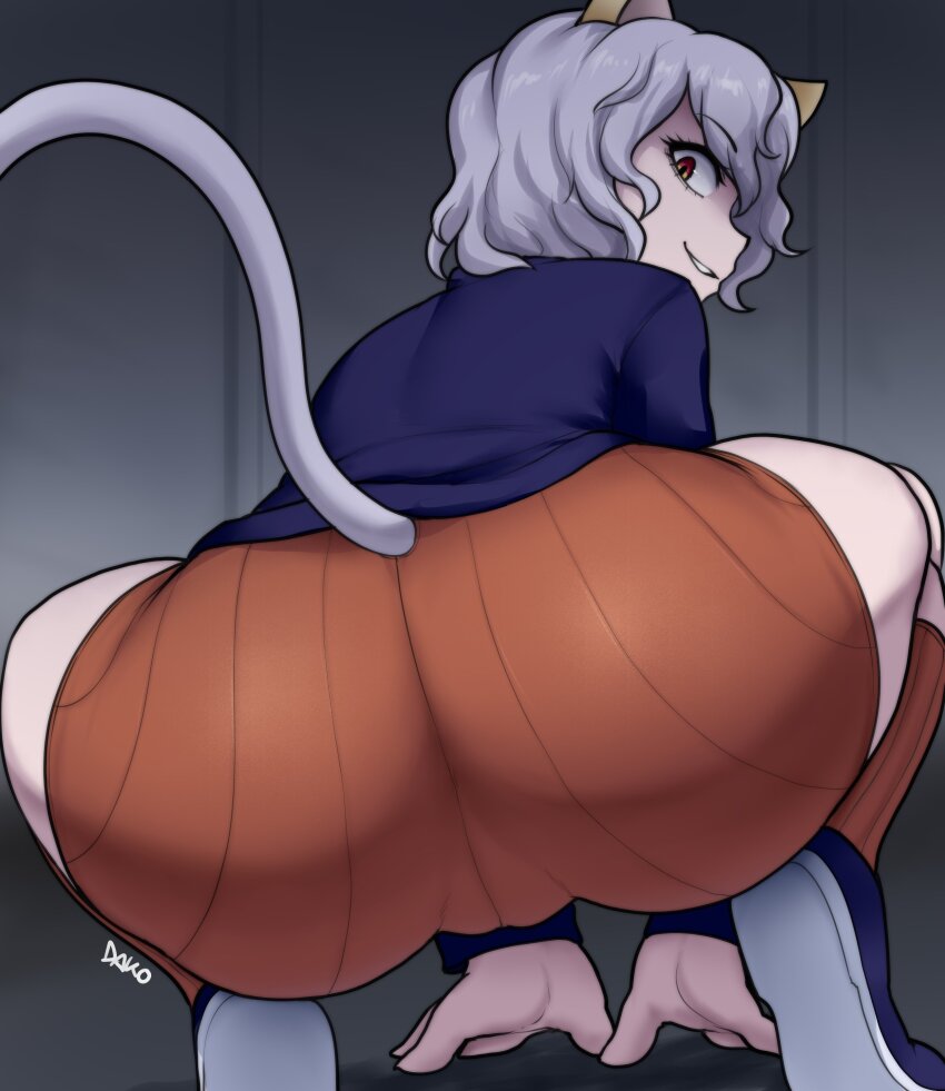 1girl absurdres animal_ears artist_name ass ass_focus blue_shirt cat_ears cat_girl cat_tail dako_(dakosito) from_behind grey_hair grin highres hunter_x_hunter long_sleeves looking_at_viewer looking_back neferpitou orange_shorts orange_socks shirt shoes short_hair shorts smile socks solo squatting tail