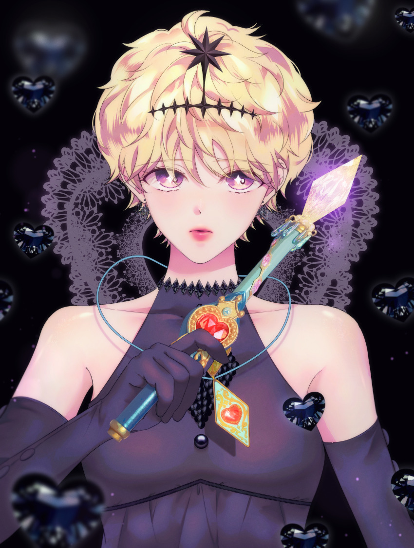 1girl absurdres blonde_hair commentary_request dress elbow_gloves gloves heart highres holding holding_stick jewelry jinhongnabi looking_at_viewer pendant pink_lips purple_eyes short_hair solo stick sugar_sugar_rune turtleneck turtleneck_dress upper_body vanilla_mieux