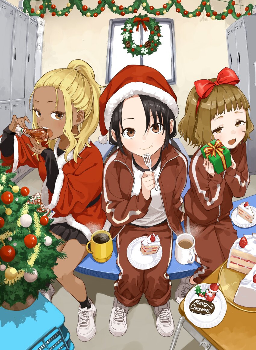 3girls absurdres black_hair black_skirt blonde_hair bow box brown_eyes brown_hair cake christmas christmas_tree coffee_mug cup dark-skinned_female dark_skin eating food fork gift gift_box hair_bow hat highres himemiya_yuki holding holding_fork holding_gift ichinose_karina indoors jacket manemane_nichinichi medium_hair merry_christmas mug multiple_girls nagisa_akane red_bow red_hat santa_costume santa_hat short_hair skirt track_jacket yamamoto_souichirou