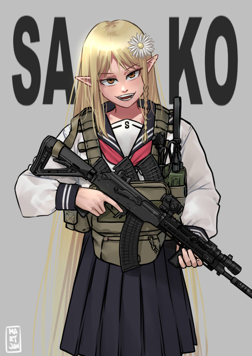 1girl absurdres assault_rifle blonde_hair braid elf flower grey_background gun hair_flower hair_ornament highres load_bearing_vest long_hair long_skirt long_sleeves mardjan orange_eyes pointy_ears red_eyes rifle sako_rk_95_(upotte!!) school_uniform serafuku side_braid single_braid skirt smile solo upotte!! weapon