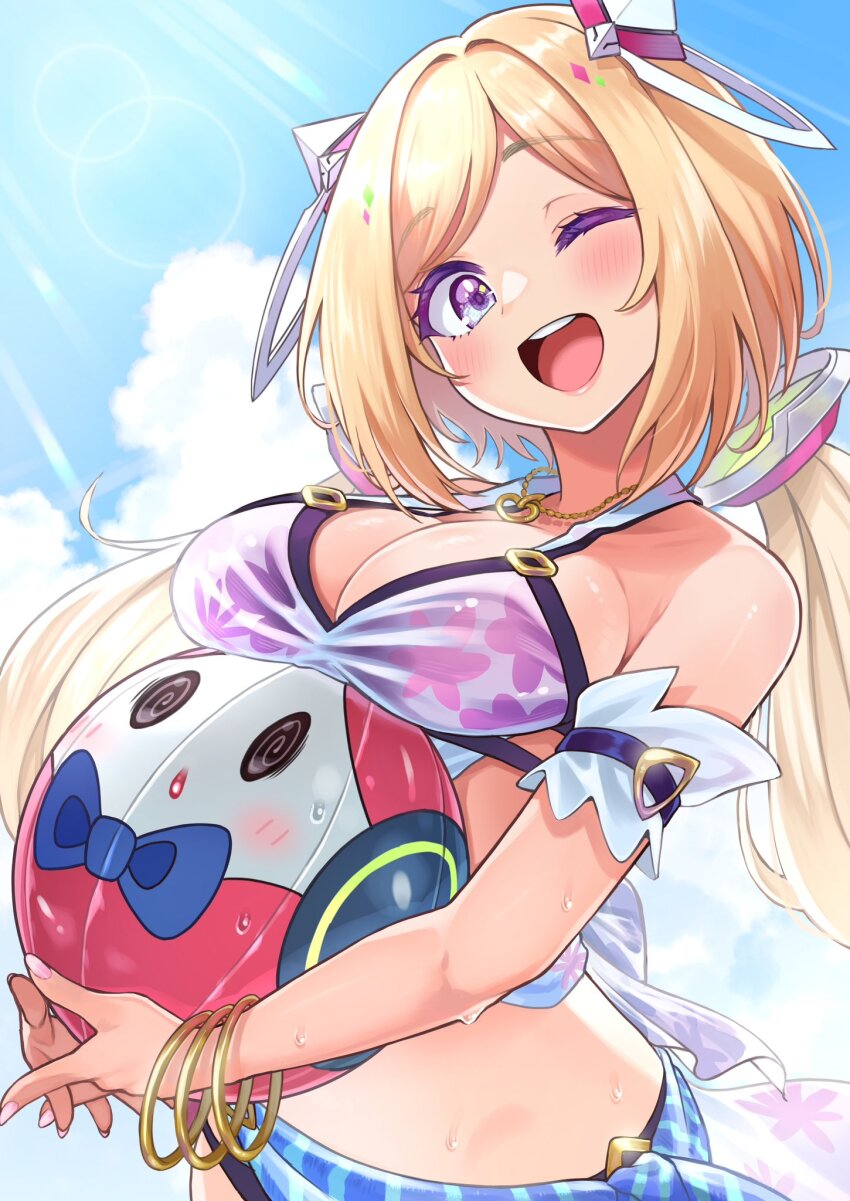 1girl @-you_(you_2023_8_16) aki_rosenthal aki_rosenthal_(hololive_summer_2019) aroused_nosebleed ball beachball blonde_hair bracelet breasts commentary_request fingernails floral_print_bikini highres holding holding_ball holding_beachball hololive jewelry large_breasts lens_flare long_hair one_eye_closed pendant purple_eyes virtual_youtuber