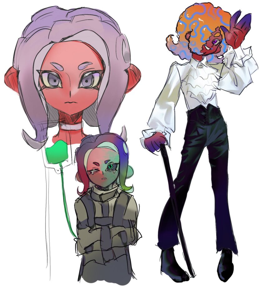 agent_8_(splatoon) black_pants black_sclera colored_sclera dark-skinned_female dark_skin frilled_shirt frills green_eyes grey_eyes hair_over_one_eye hand_up highres intravenous_drip long_sleeves looking_at_viewer nintendo oo_era orange_hair pants parted_lips patterned_hair purple_eyes shirt simple_background sketch smile splatoon_(series) splatoon_3 tao_blu white_background white_shirt