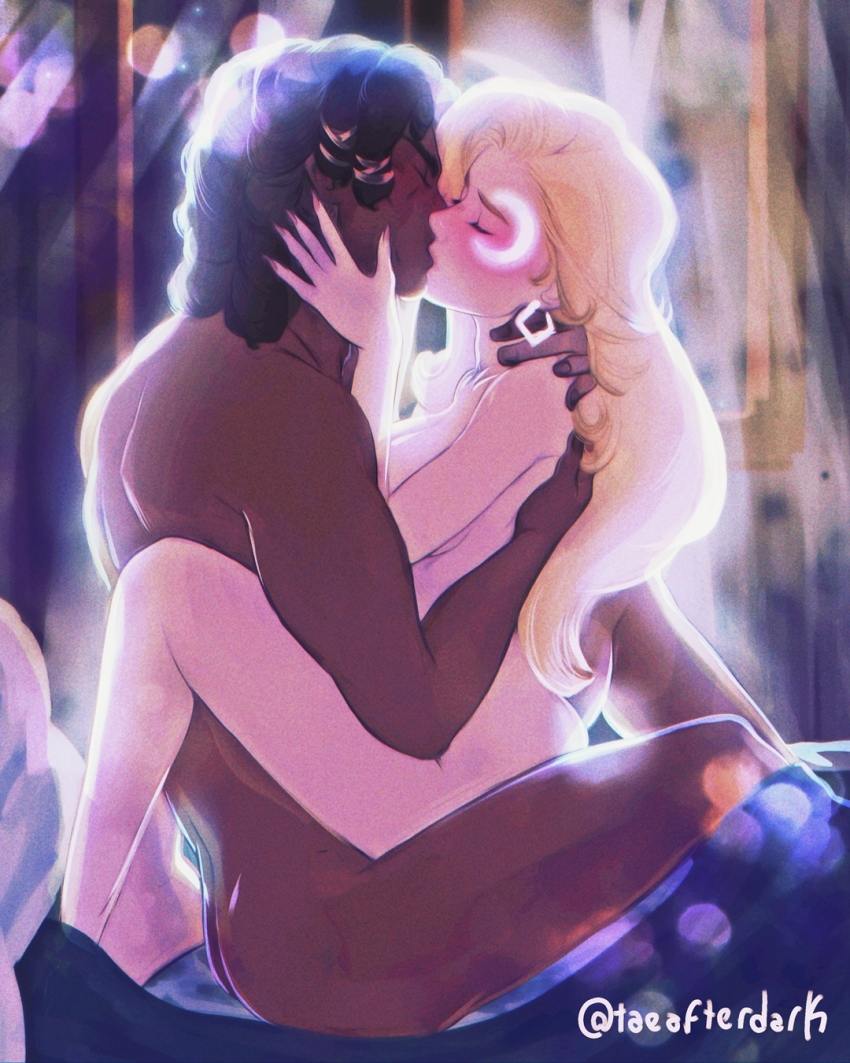 1boy 1girl artist_name black_hair blonde_hair blush cloak_(marvel) couple cuddling dagger_(marvel) dark-skinned_male dark_skin highres interracial kiss long_hair marvel marvel_rivals sex signature taeafterdark twitter_username