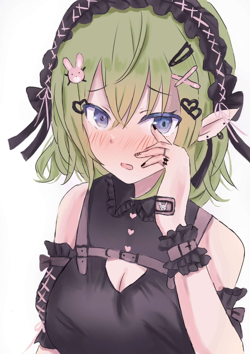 1girl bare_shoulders belt black_dress black_headband black_headwear blue_eyes blush breasts cleavage dress dungeon_ni_deai_wo_motomeru_no_wa_machigatteiru_darou_ka elf green_hair hair_ornament hand_on_own_face hand_up headband heart heart_hair_ornament highres jewelry looking_at_viewer medium_breasts medium_hair multiple_rings pointy_ears rabbit_hair_ornament ring ryu_lion simple_background solo te09n30 white_background