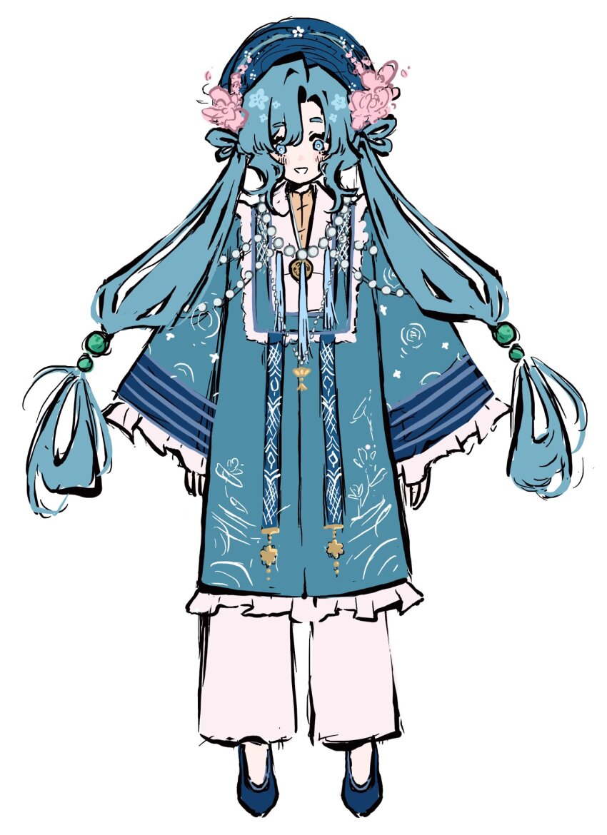 1girl :d alternate_costume alternate_hairstyle blue_eyes blue_footwear blue_hair brim_hatter curtained_hair frilled_sleeves frills full_body hair_rings hat hatsune_miku highres light_blush long_hair long_sleeves looking_at_viewer low_twintails open_mouth pants sketch smile solo straight-on twintails very_long_hair vietnamese_clothes vocaloid white_pants wide_sleeves worldwide_miku