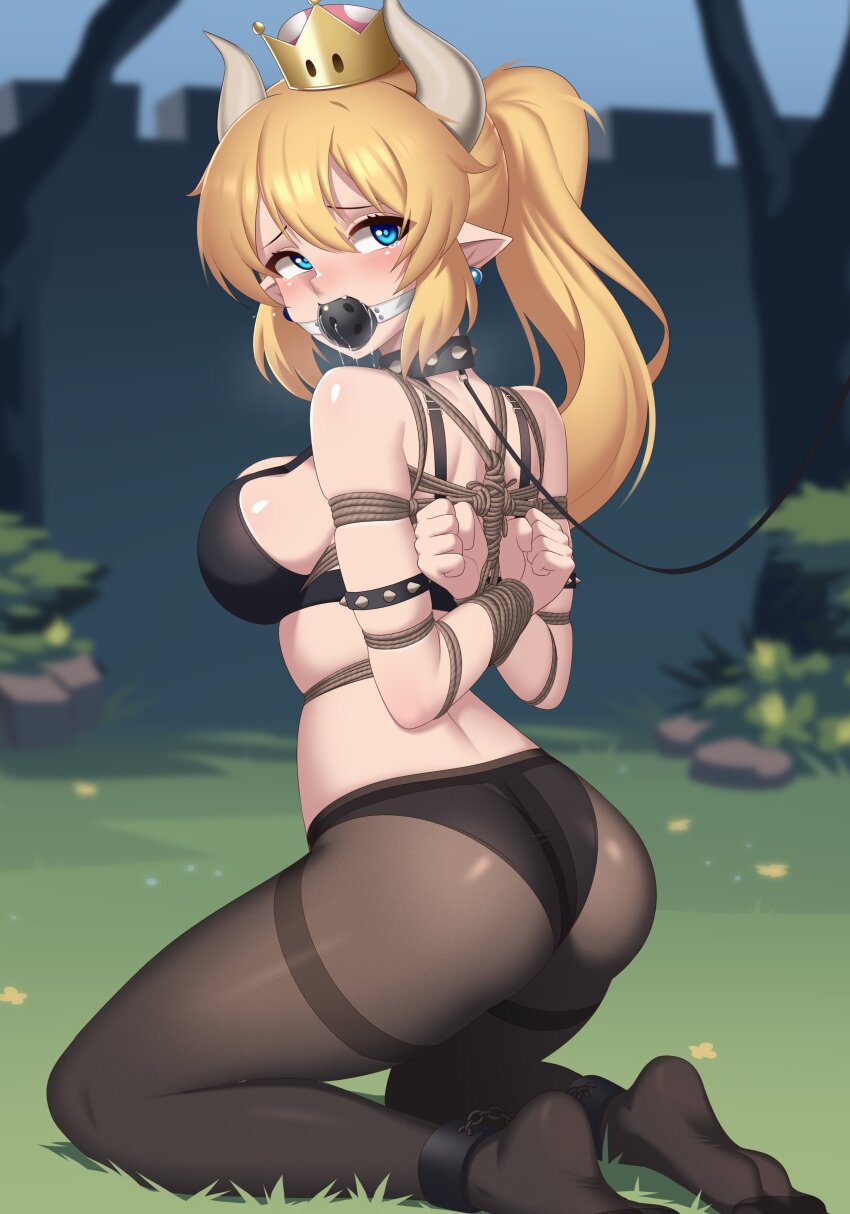 1girl absurdres ankle_cuffs armlet arms_behind_back ass ball_gag bare_shoulders bdsm belt black_belt black_panties blonde_hair blue_eyes blurry blurry_background blush bondage boulder bound bound_ankles bound_arms bound_breasts bound_torso bowsette breast_bondage breasts brown_pantyhose bush castle choker cleavage clenched_hand clenched_hands collar crown cursed_delta drooling earrings embarrassed female_focus gag gagged grass highres horns jewelry kneeling large_breasts leash long_hair looking_at_another looking_back looking_to_the_side looking_up mario_(series) new_super_mario_bros._u_deluxe nintendo outdoors panties pantyhose perky_breasts ponytail rock saliva saliva_trail sharp_teeth shibari shibari_over_clothes sideboob sidelocks skin_tight skindentation soles solo spiked_armlet spiked_choker spikes tearing_up tears teeth thighband_pantyhose toes tree underwear