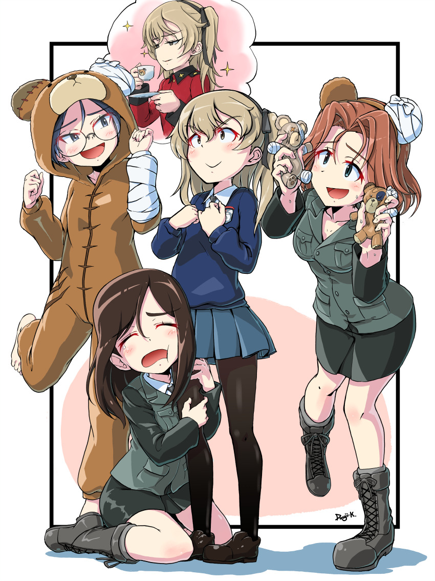 absurdres animal_costume artist_name azumi_(girls_und_panzer) barefoot bear_costume black_border black_footwear black_hair black_jacket black_necktie black_pantyhose black_ribbon black_skirt blue_eyes blue_skirt blue_sweater boko_(girls_und_panzer) boko_(girls_und_panzer)_(cosplay) boots border brown_eyes brown_hair closed_mouth commentary_request commission cosplay cross-laced_footwear cup dress_shirt emblem frown girls_und_panzer grey_eyes grey_hair hair_ribbon half-closed_eyes highres holding holding_cup holding_saucer holding_stuffed_toy imagining jacket kuroneko_douji lace-up_boots leg_grab leg_up light_brown_hair loafers long_hair long_sleeves looking_at_another megumi_(girls_und_panzer) military_uniform miniskirt necktie one_side_up open_mouth outside_border pantyhose partial_commentary pencil_skirt pixiv_commission pleated_skirt red_jacket ribbon round_eyewear rumi_(girls_und_panzer) saucer school_uniform selection_university_military_uniform shimada_arisu shirt shoes short_hair signature skirt smile sparkle speech_bubble st._gloriana&#039;s_(emblem) st._gloriana&#039;s_military_uniform st._gloriana&#039;s_school_uniform standing standing_on_one_leg stuffed_animal stuffed_toy sweatdrop sweater swept_bangs teacup teddy_bear textless_version thought_bubble v-neck v-shaped_eyebrows white_shirt wing_collar