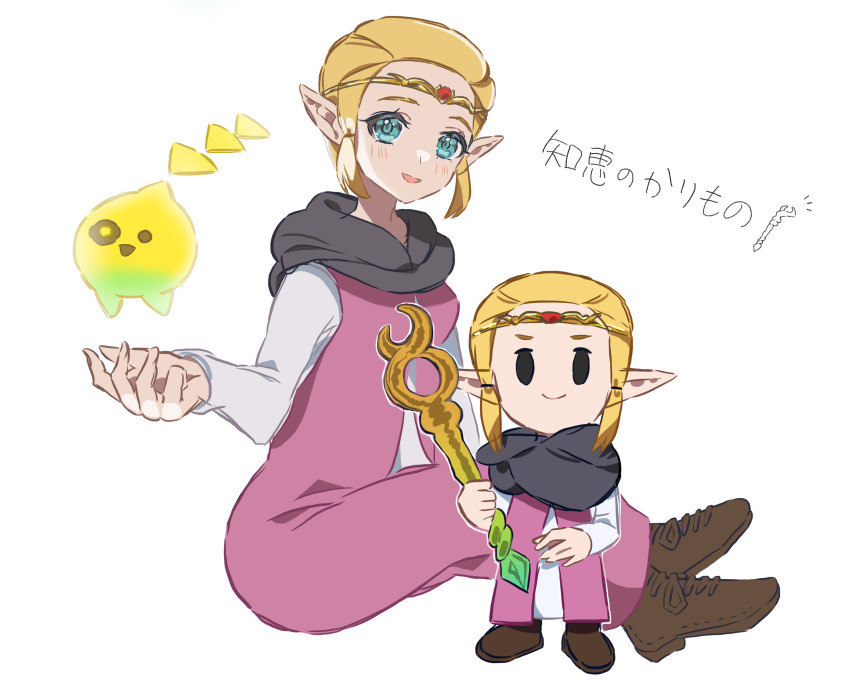 1girl absurdres ao_hito blonde_hair blue_cloak blue_eyes blush chibi cloak gold_circlet hair_pulled_back highres holding holding_chair holding_staff long_hair looking_at_viewer mage_staff nintendo princess_zelda purple_tunic smile staff the_legend_of_zelda the_legend_of_zelda:_echoes_of_wisdom translation_request tri_(zelda) tri_rod tunic