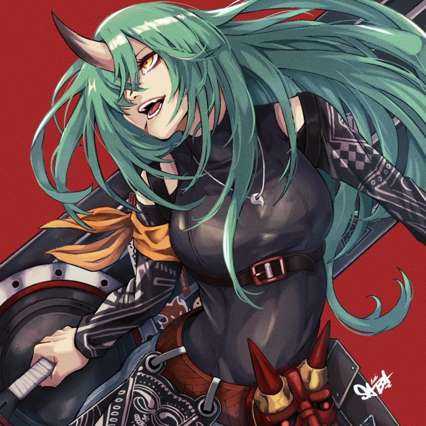 arched_back arknights armband belt belt_pouch black_footwear black_sleeves breasts brown_belt chest_harness clothing_cutout commentary facial_scar fangs green_hair hair_over_one_eye harness highres holding holding_shield holding_weapon horns hoshiguma_(arknights) hoshiguma_(ronin_huntress)_(arknights) huge_weapon jewelry leather_shirt leather_strap long_hair long_sleeves magatama magatama_necklace mask medium_breasts necklace neclace official_alternate_costume oni_mask open_mouth outstretched_arm peppsi_(saba_sabasuk0) pouch red_background scar scar_on_cheek scar_on_face shield shirt shoulder_cutout signature simple_background single_horn skin-covered_horns standing teeth tight_clothes tight_shirt tongue underbust upper_body weapon yellow_eyes