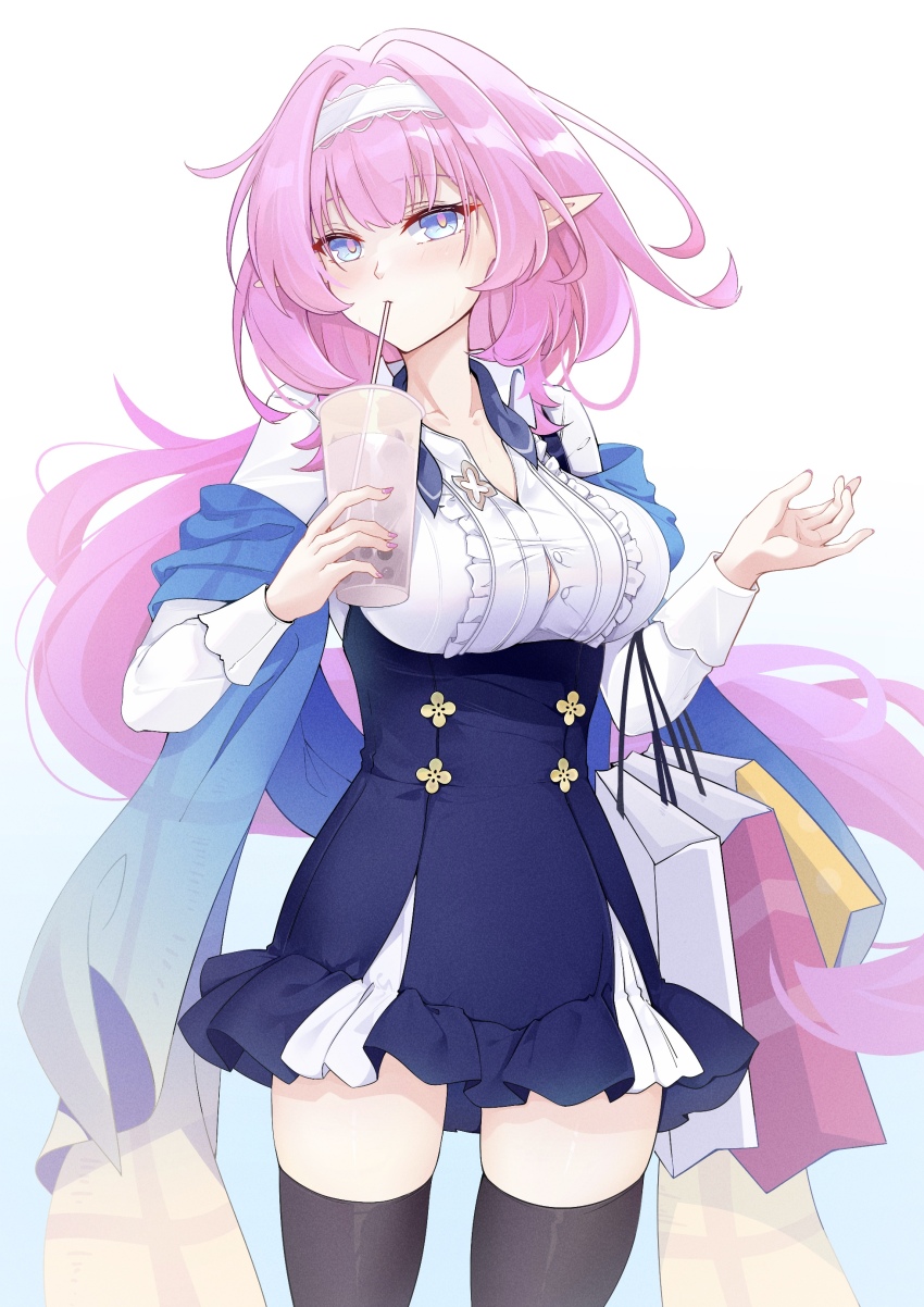 1girl absurdres bag black_thighhighs blue_eyes blue_skirt breasts bubble_tea drinking elf elysia_(coco)_(honkai_impact) elysia_(honkai_impact) elysia_(miss_pink_elf)_(honkai_impact) hair_between_eyes headband highres honkai_(series) honkai_impact_3rd large_breasts long_hair looking_at_viewer pink_hair pink_nails pink_pupils pointy_ears qingye_ling shirt shopping_bag skirt thighhighs thighs white_background white_headband white_shirt zettai_ryouiki