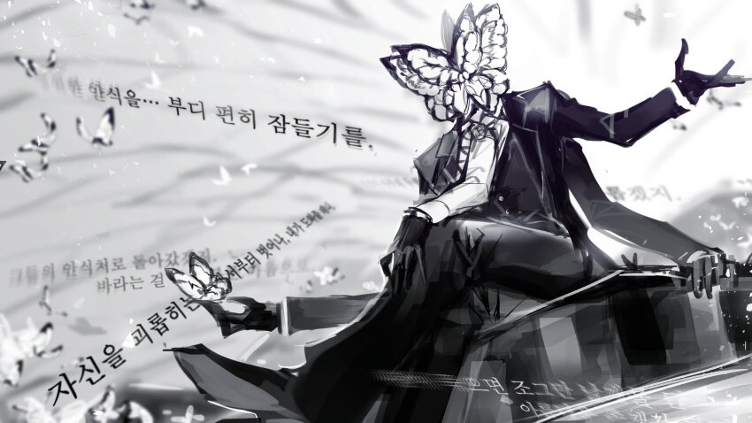 1boy animal_head arm_up black_coat black_gloves black_pants black_shoes bug butterfly coat coffin collared_shirt crossed_legs extra_arms funeral_of_the_dead_butterflies gloves highres insect korean_text lapels lobotomy_corporation long_sleeves notched_lapels pants project_moon remsrar shirt shoes sitting solo source_request third-party_source translation_request white_butterfly white_shirt