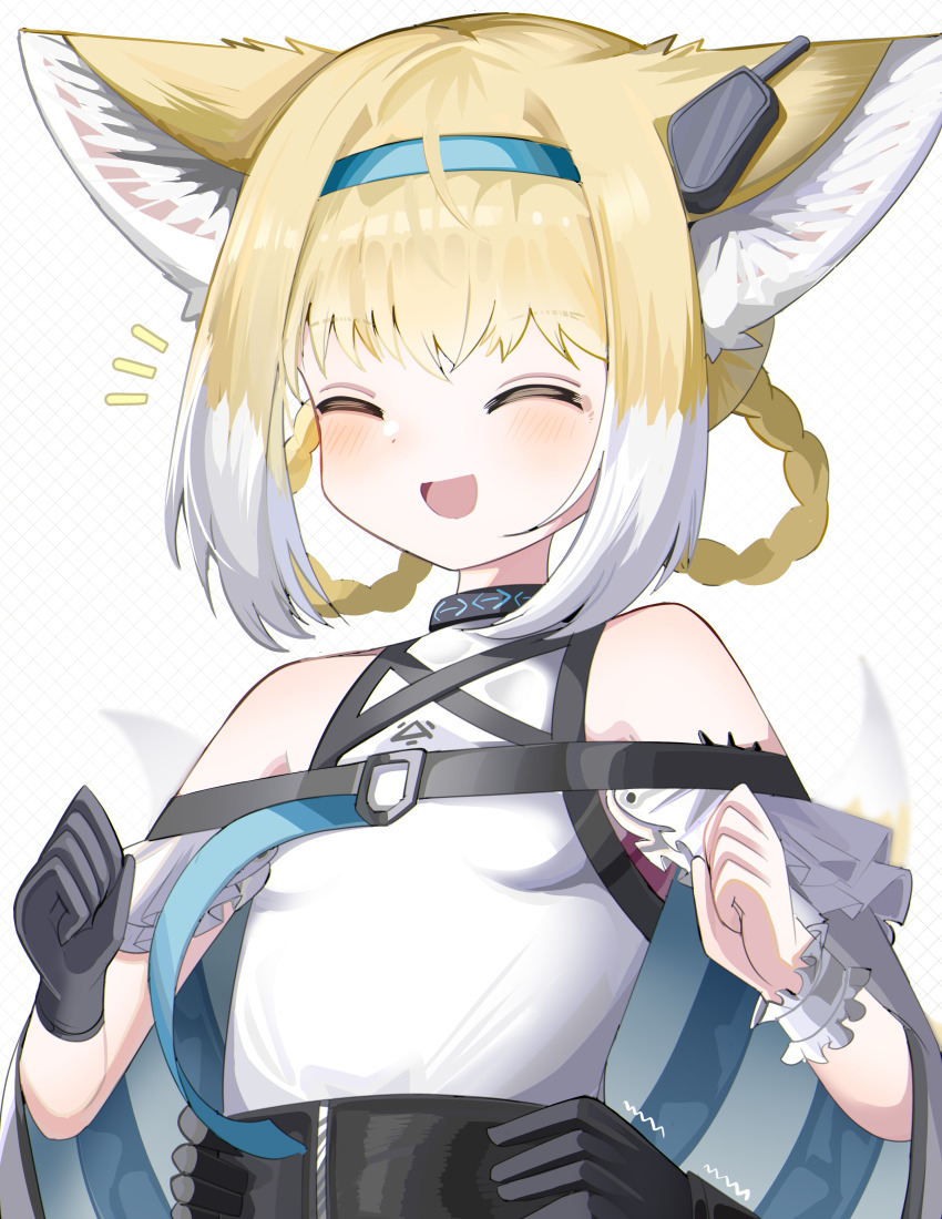 1girl 1other :d ^_^ absurdres animal_ears arknights bare_shoulders black_gloves blonde_hair blue_hairband blush breasts closed_eyes commentary doctor_(arknights) fox_ears fox_girl fox_tail gloves hairband hands_up highres multicolored_hair notice_lines open_mouth shirt single_glove small_breasts smile solo_focus spam_(spamham4506) suzuran_(arknights) tail trembling two-tone_hair white_background white_hair white_shirt