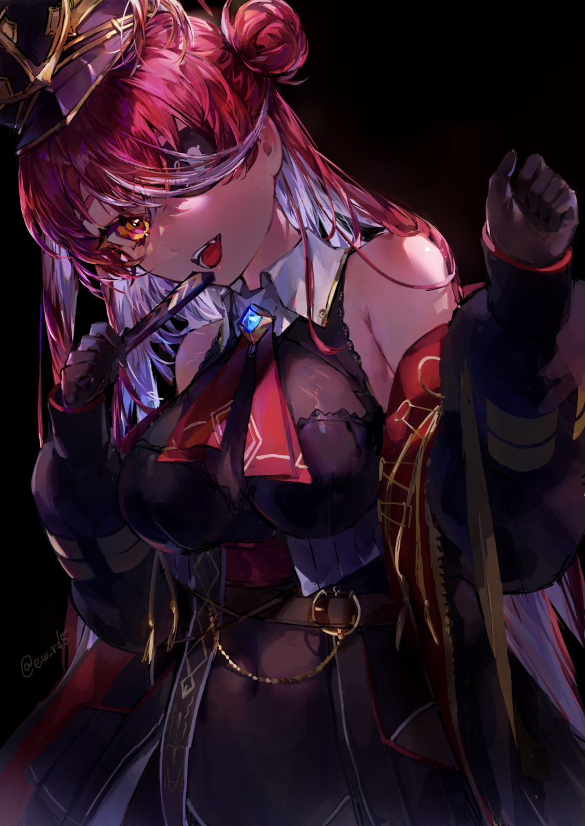 1girl absurdres breasts chest_jewel dark_background eyepatch hat highres hololive houshou_marine houshou_marine_(marching_band) large_breasts multicolored_hair official_alternate_hair_length official_alternate_hairstyle orange_eyes red_hair shako_cap siuroi smile solo streaked_hair virtual_youtuber