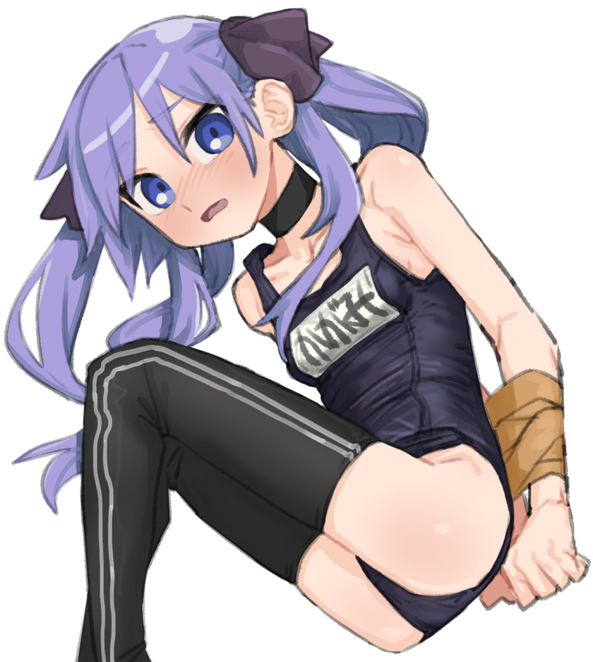 1girl ass black_thighhighs blue_eyes blush bound bound_arms breasts choker highres hiiragi_kagami long_hair looking_at_viewer lucky_star matangom name_tag one-piece_swimsuit open_mouth purple_hair school_swimsuit small_breasts solo swimsuit tape thighhighs twintails