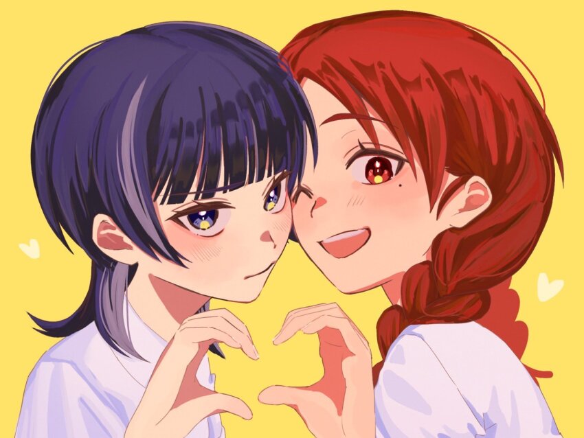 2girls ;d blue_hair blunt_bangs blush braid cheek-to-cheek collared_shirt commentary_request dark_blue_hair fujii_ayame futsuu_no_keion-bu heads_together heart heart_hands heart_hands_duo looking_at_viewer medium_hair mole mole_under_eye multicolored_hair multiple_girls one_eye_closed open_mouth parted_bangs purple_eyes red_eyes red_hair shirt sinyojurn smile streaked_hair teeth twin_braids two-tone_hair uchida_momo upper_body upper_teeth_only white_shirt yellow_background