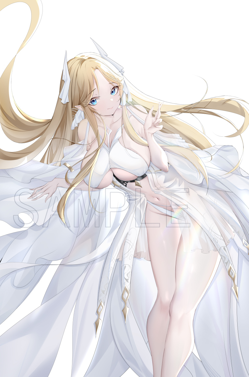 1girl 1nstill absurdres azur_lane bare_shoulders blonde_hair blue_eyes breasts brest_(azur_lane) chinese_commentary criss-cross_halter dress feet_out_of_frame halterneck highres large_breasts leaning_forward long_hair looking_at_viewer navel pointy_ears revealing_clothes sample_watermark showgirl_skirt simple_background solo underboob very_long_hair watermark white_background white_dress