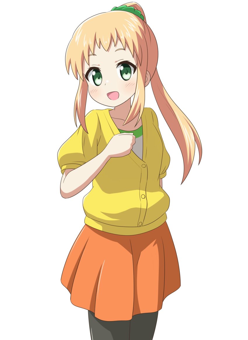 1girl absurdres black_pantyhose blonde_hair blush collarbone dot_nose female_focus green_eyes highres inose_mai koisuru_asteroid looking_at_viewer nanog_eb1994 open_mouth pantyhose ponytail shirt simple_background solo standing white_background