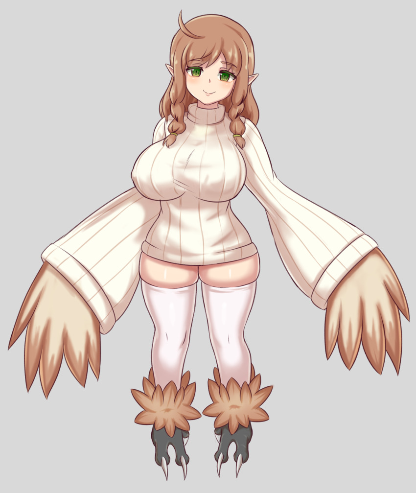 1girl ahoge braid breasts brown_hair commentary full_body green_eyes grey_background harpy highres impossible_clothes impossible_sweater large_breasts long_hair long_sleeves looking_at_viewer monster_girl nav_(itsnav) original outstretched_arms pointy_ears ribbed_sweater simple_background skindentation smile solo spread_arms sweater talons thick_thighs thighhighs thighs turtleneck turtleneck_sweater twin_braids white_sweater white_thighhighs wide_sleeves winged_arms wings