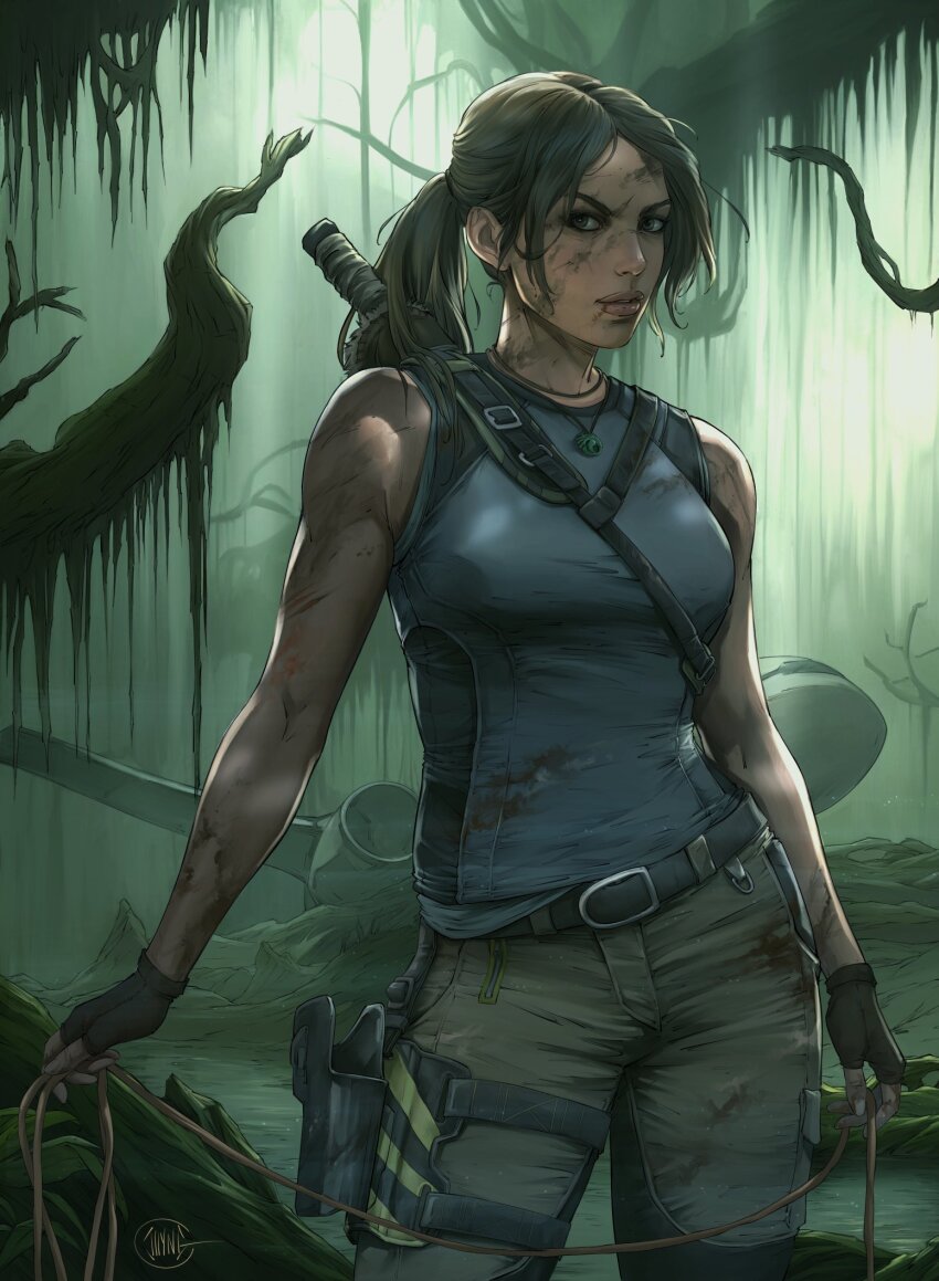 1girl breasts brown_eyes brown_gloves brown_hair brown_pants commentary dirty dirty_face english_commentary fingerless_gloves gloves grey_shirt highres holding holding_rope holster illyne_cosplay jungle lara_croft looking_at_viewer medium_breasts nature outdoors pants ponytail rope shirt signature sleeveless sleeveless_shirt solo standing thigh_holster tomb_raider