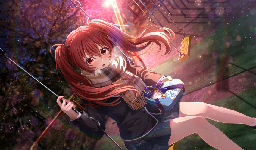 1girl agatsuma_sora black_jacket blurry blush box breath cinderella_series depth_of_field dutch_angle evening film_grain game_cg gift gift_box grey_skirt hachigatsu_no_cinderella_nine highres holding holding_gift incoming_gift jacket lens_flare light_particles long_hair long_sleeves looking_at_viewer non-web_source official_art outdoors park plaid_clothes plaid_skirt pleated_skirt reaching reaching_towards_viewer red_eyes red_hair school_uniform shirt shy sitting skirt socks solo swing twintails v-shaped_eyebrows white_shirt white_socks