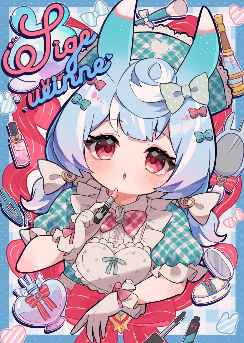 1girl :o animal_ears apron aqua_bow aqua_hat aqua_ribbon aqua_shirt blue_background blue_border blue_hair blush border bottle bow bowtie brooch center_frills character_name commentary compact_(cosmetics) cosmetics english_commentary eyelashes frilled_gloves frills genshin_impact gingham gingham_background gingham_shirt gloves gradient_hair green_bow hair_between_eyes hair_bow hair_ornament hairclip hairpin hand_mirror hat heart highres holding holding_lipstick_tube jewelry lipstick_tube looking_at_viewer low_twintails makeup_brush mascara_wand medium_hair mirror multicolored_hair multiple_hair_bows nail_polish_bottle nanakusa_yomogi nurse_cap open_mouth outside_border perfume_bottle pink_bow pink_lipstick_tube polka_dot polka_dot_bow powder_puff puffy_short_sleeves puffy_sleeves purple_hair rabbit_brooch red_bow red_bowtie red_eyes red_ribbon ribbon shirt short_sleeves sidelocks sigewinne_(genshin_impact) simple_background solo striped_bow twintails upper_body white_apron white_background white_bow white_gloves