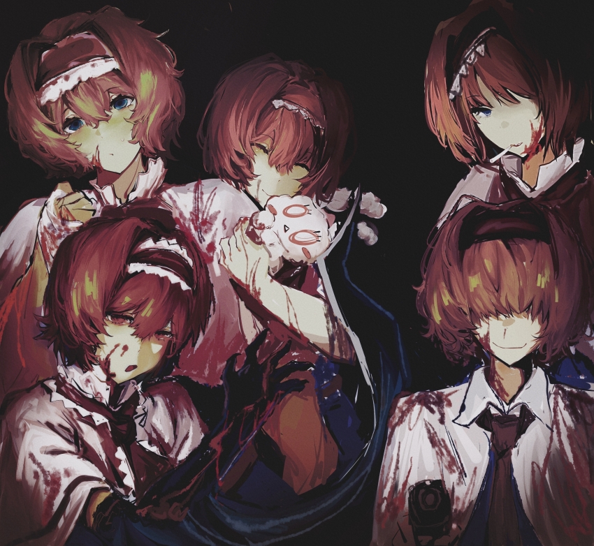 5girls absurdres alice_margatroid black_background blonde_hair blood blood_splatter blue_eyes bois_de_justice capelet chinese_commentary cigarette closed_eyes closed_mouth collared_capelet commentary_request cookie_(touhou) dies_irae fluffy_fluffy_rabbit-chan frilled_hairband frilled_necktie frills hair_between_eyes hair_over_eyes hair_over_one_eye hairband hana_(skhgrandiflorus) highres hinase_(cookie) ichigo_(cookie) jigen_(cookie) long_bangs looking_at_viewer multiple_girls necktie open_mouth pink_hair red_hairband red_necktie sakuranbou_(cookie) shinza_bansho_series short_hair simple_background smile smoking stuffed_animal stuffed_rabbit stuffed_toy taisa_(cookie) touhou upper_body white_capelet