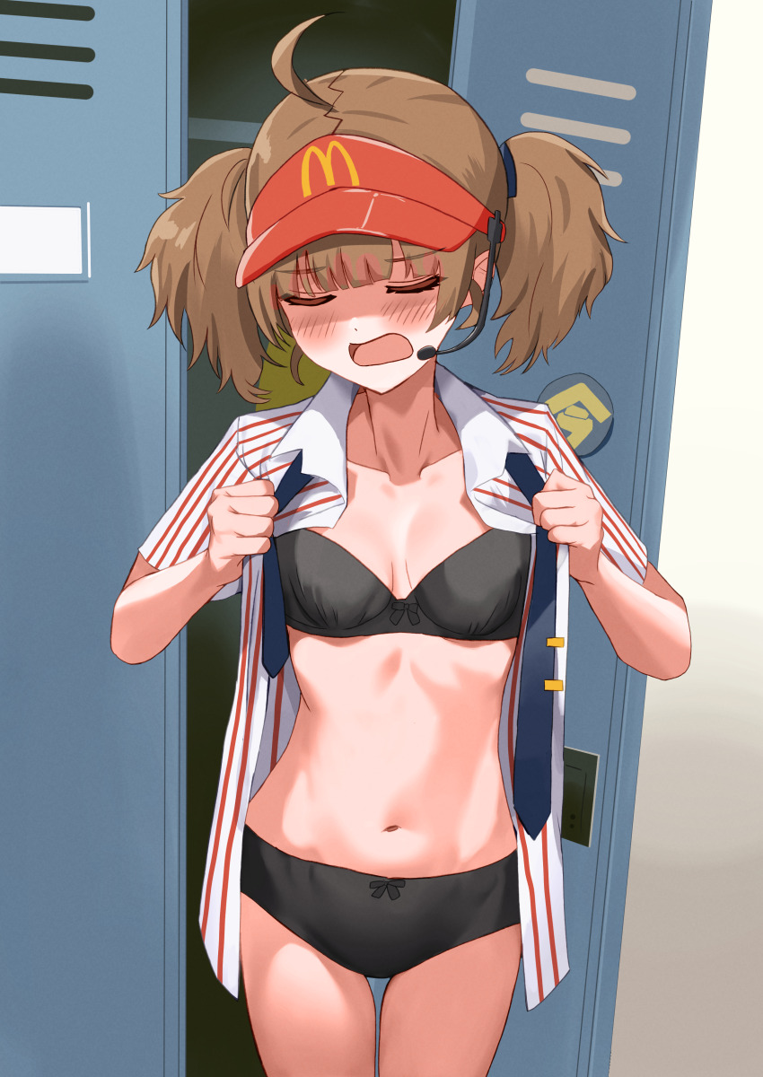 1girl absurdres ahoge black_bow black_bra black_necktie black_panties blunt_bangs blush bow bow_bra bow_panties bra breasts brown_hair changing_clothes closed_eyes collarbone dressing headset highres imadake_dabuchi_tabemi indoors kinomiki locker mcdonald&#039;s medium_breasts navel necktie open_mouth panties shirt solo standing stomach striped_clothes striped_shirt twintails underwear undressing visor_cap