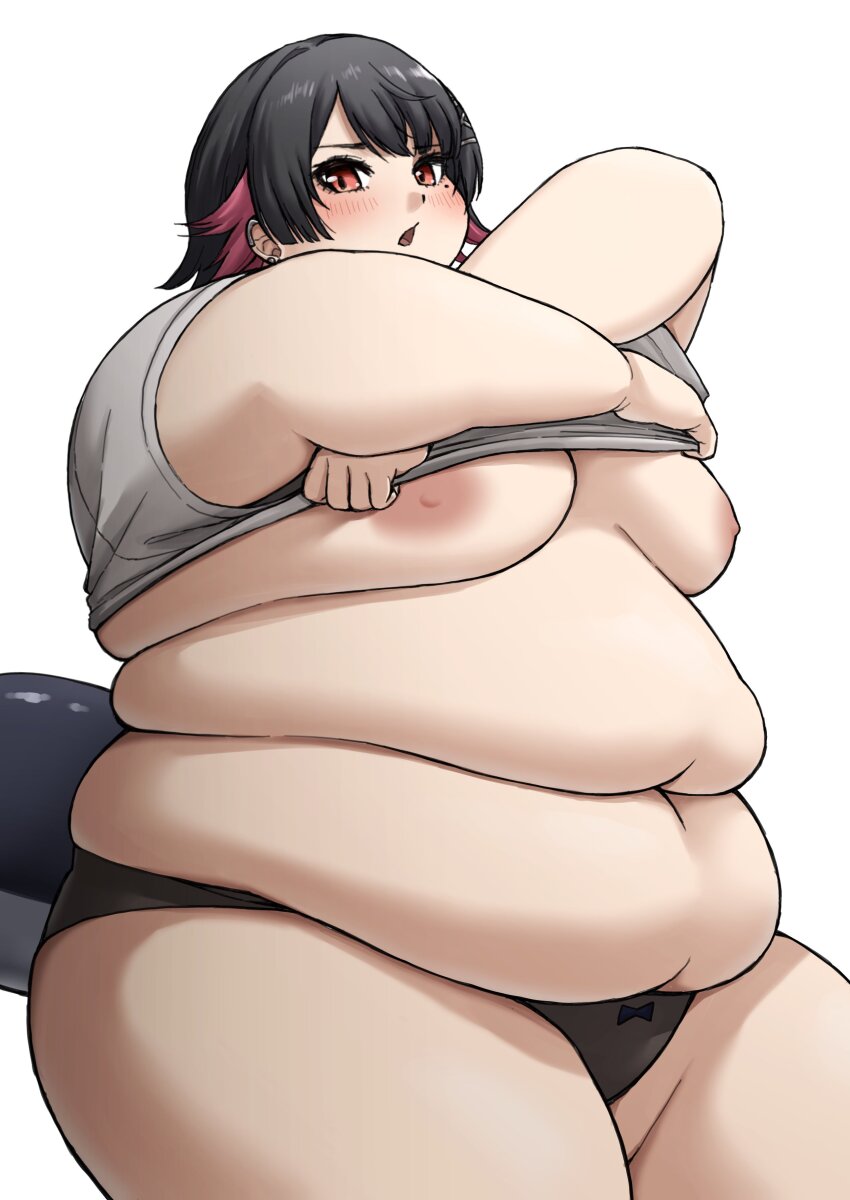 1girl absurdres black_hair black_panties blush breasts clothes_lift earrings ellen_joe fat fat_rolls fat_woman fins fish_tail highres jewelry medium_breasts multicolored_hair navel nipples obese open_mouth panties pink_hair red_eyes rin_noheki shark_tail shirt shirt_lift short_hair solo standing t-shirt tail underwear undressing white_background zenless_zone_zero