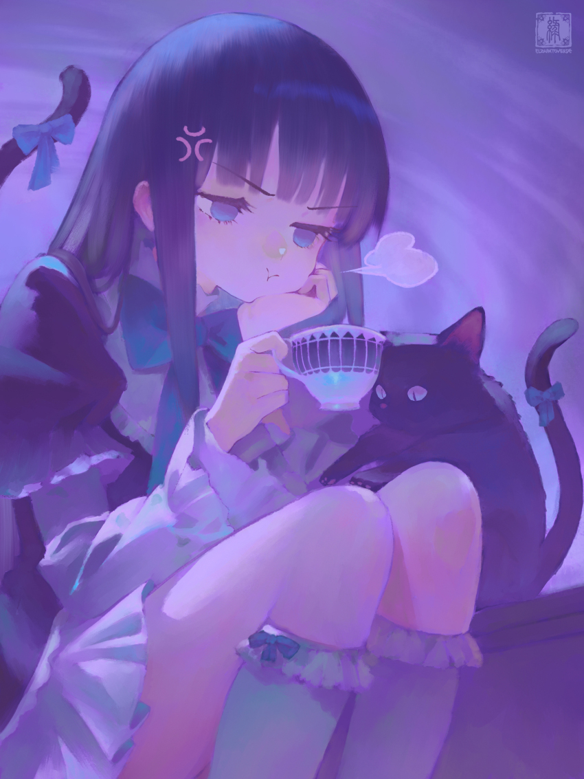 1girl :t anger_vein angry black_cat black_dress black_tail blue_bow blue_eyes blue_hair blunt_bangs bow bowtie cat cat_tail cup dress elzapatoverde frederica_bernkastel frederica_bernkastel_(cat) frilled_sleeves frilled_socks frills highres holding holding_cup kneehighs layered_sleeves long_hair long_sleeves pout puff_of_air puffy_sleeves ribbon sitting socks solo tail tail_bow tail_ornament tea teacup umineko_no_naku_koro_ni